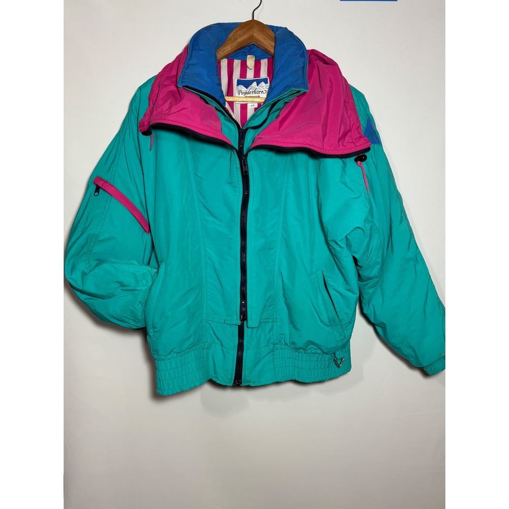 Powderhorn Ski Jacket Womens 10 Teal Pink Blue Vintage 80s Retro Colorblock Zip